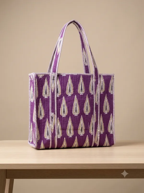 Purple_Quilted_Cotton_Leaf_Print_Tote_Bag_For_Women