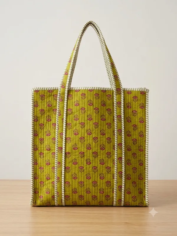Olive_Green_Quilted_Cotton_Floral_Print_Tote_Bag_For_Women