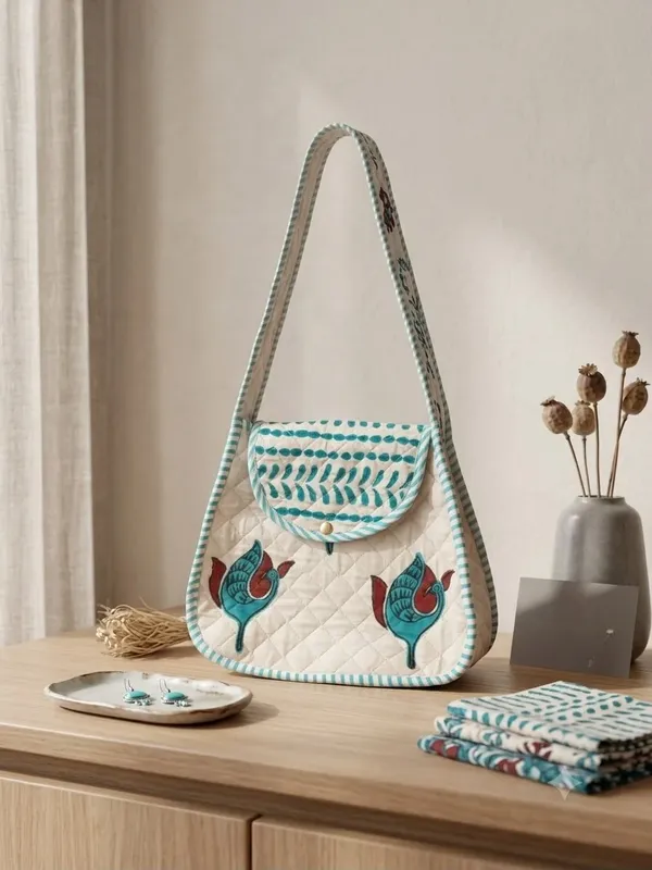 White_Quilted_Cotton_Diamond_Floral_Motif_Sling_Bag_For_Women