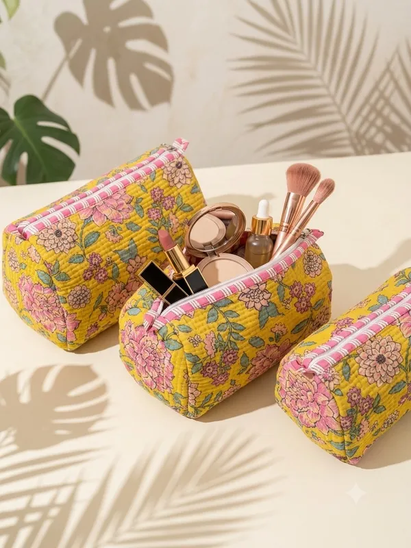 Yellow_Cotton_Quilted_Floral_Print_Cosmetic_Pouch_Set_For_Women