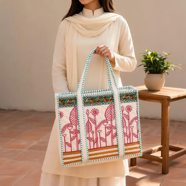 Cream_Quilted_Cotton_Botanical_Print_Tote_Bag_For_Women