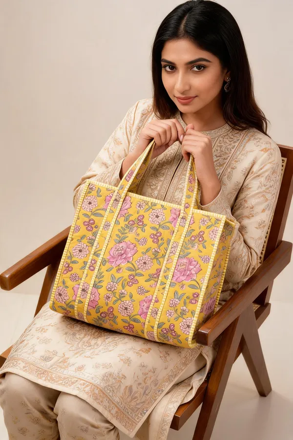 Yellow_Quilted_Cotton_Floral_Print_Tote_Bag_For_Women