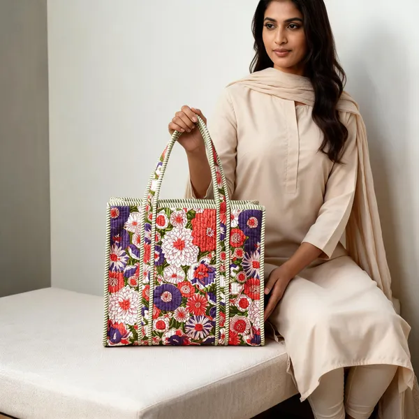 Multicolour_Quilted_Cotton_Floral_Print_Tote_Bag_For_Women