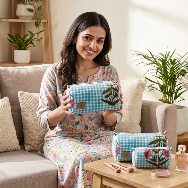 Blue_Cotton_Gingham_Floral_Makeup_Pouch_Set_For_Women