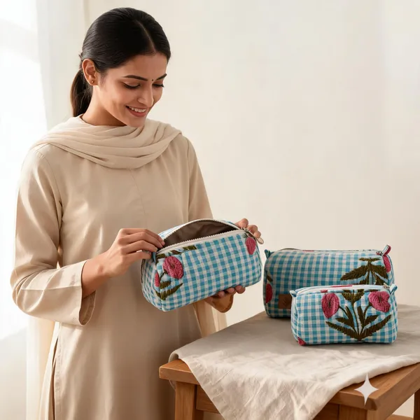 Blue_Cotton_Gingham_Floral_Makeup_Pouch_Set_For_Women