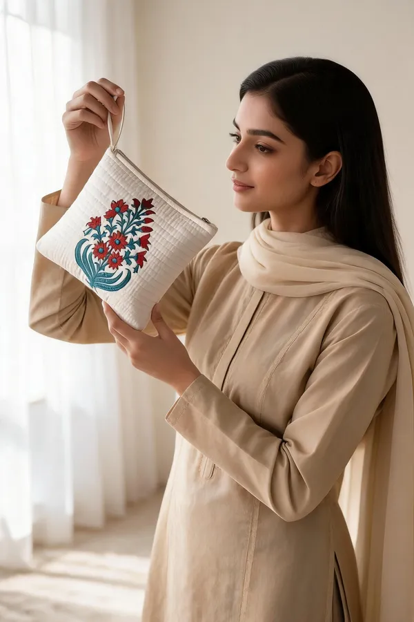 White_Quilted_Cotton_Floral_Embroidered_Cosmetic_Pouch_For_Women