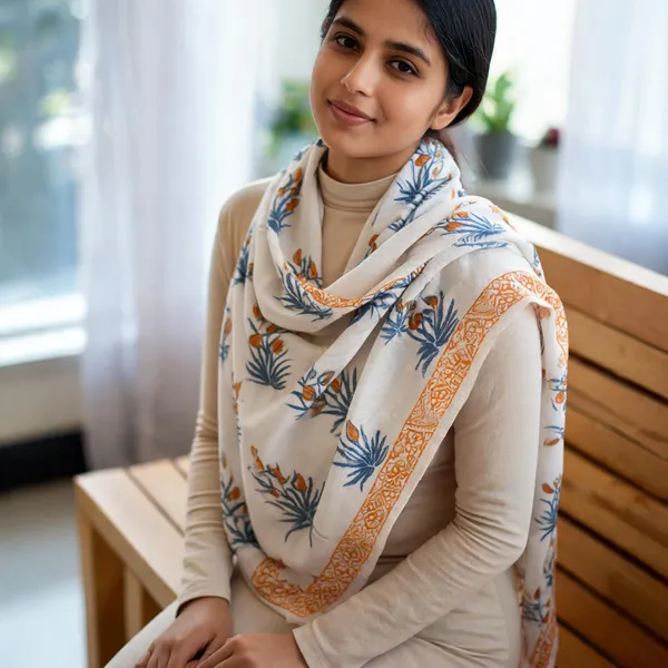White_Cotton_Botanical_Floral_Print_Scarf_For_Women