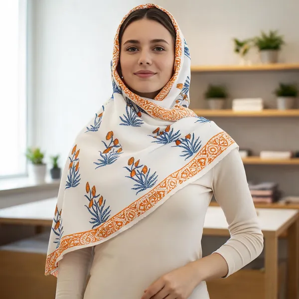 White_Cotton_Botanical_Floral_Print_Scarf_For_Women