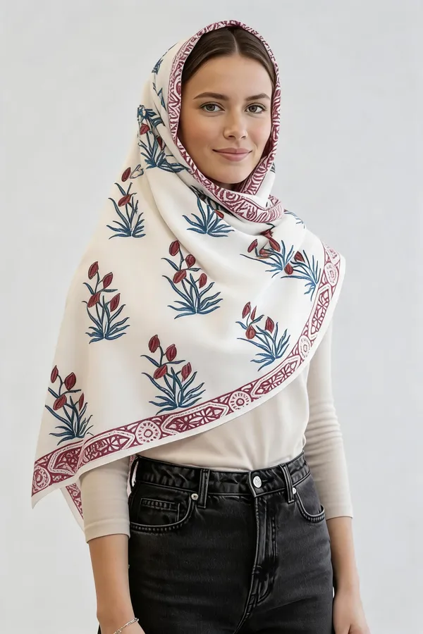 White_Cotton_Floral_Print_Scarf_For_Women