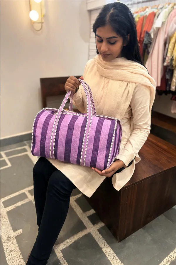 Purple_Woven_Cotton_Striped_Duffle_Bag_For_Women