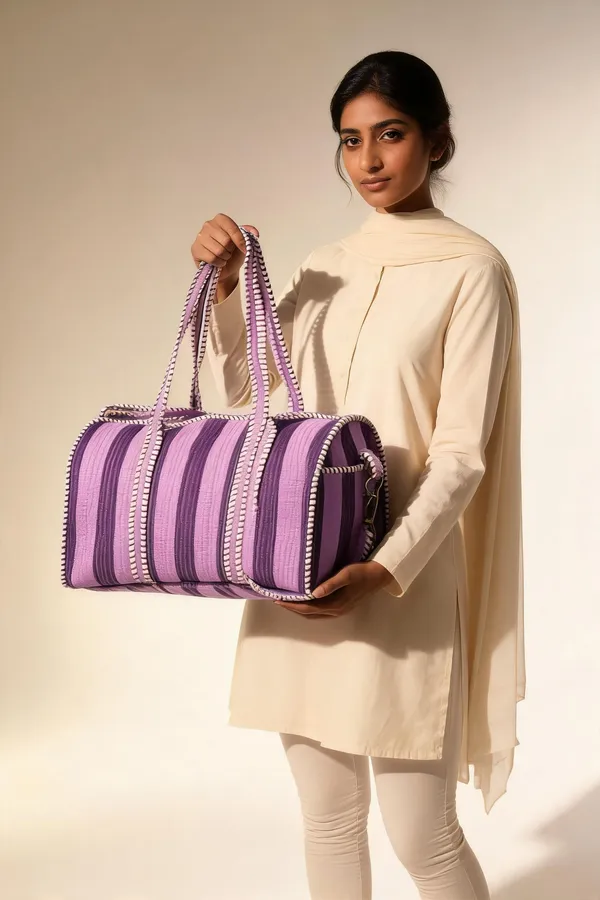 Purple_Woven_Cotton_Striped_Duffle_Bag_For_Women