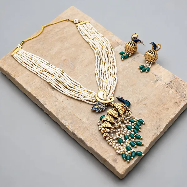 Green_Color_Peacock_Inspired_Matte_Gold_Necklace_Set_For_Elegant_Traditional_Festive_Styling_-_Green