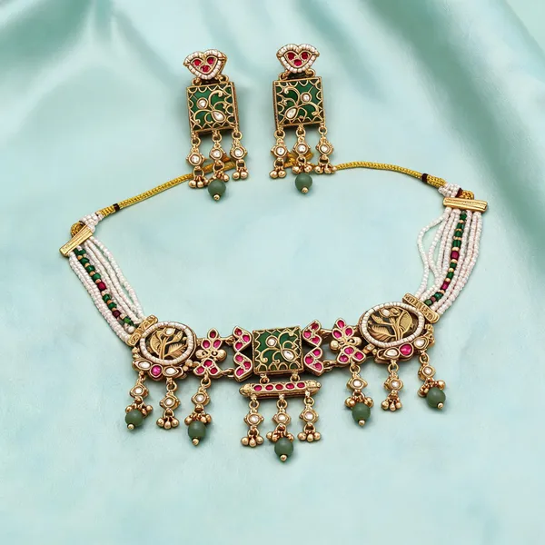 Pista_Green_&_Rani_Color_Choker_Style_Matte_Gold_Necklace_Set_-_Pista_Green_&_Rani