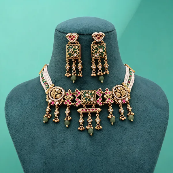 Pista_Green_&_Rani_Color_Choker_Style_Matte_Gold_Necklace_Set_-_Pista_Green_&_Rani