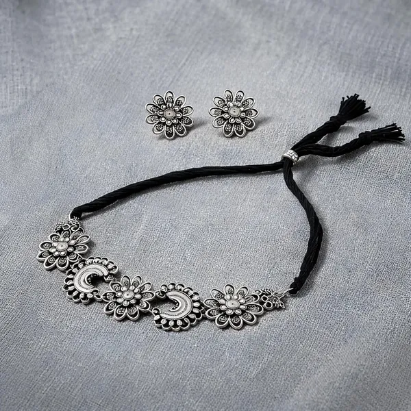 Charming_Silver_Color_Floral_Shape_Oxidised_Necklace_Set_With_Matching_Jhumkis_-_Silver_-_Pack_Of_2