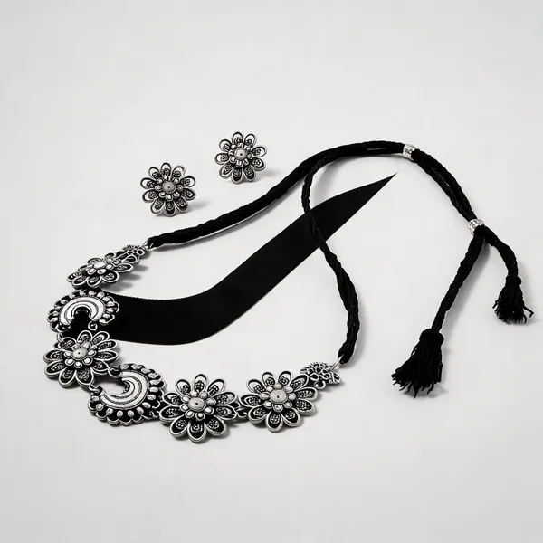 Charming_Silver_Color_Floral_Shape_Oxidised_Necklace_Set_With_Matching_Jhumkis_-_Silver_-_Pack_Of_2