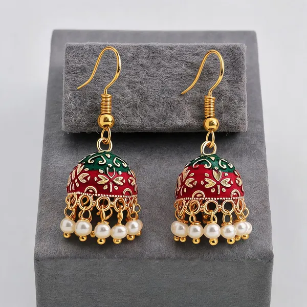 Maroon_&_Green_Color_Mint_Meena_Earrings_With_Elegant_Handmade_Ethnic_Pattern_-_Maroon_&_Green_-_Pack_Of_2