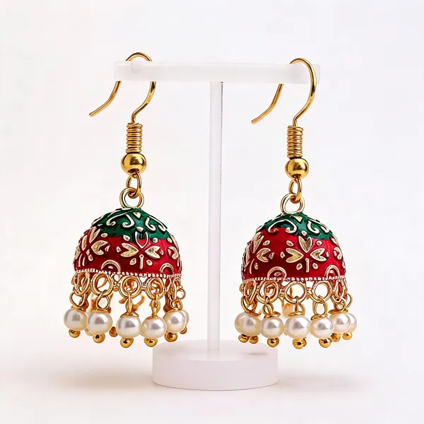 Maroon_&_Green_Color_Mint_Meena_Earrings_With_Elegant_Handmade_Ethnic_Pattern_-_Maroon_&_Green_-_Pack_Of_2