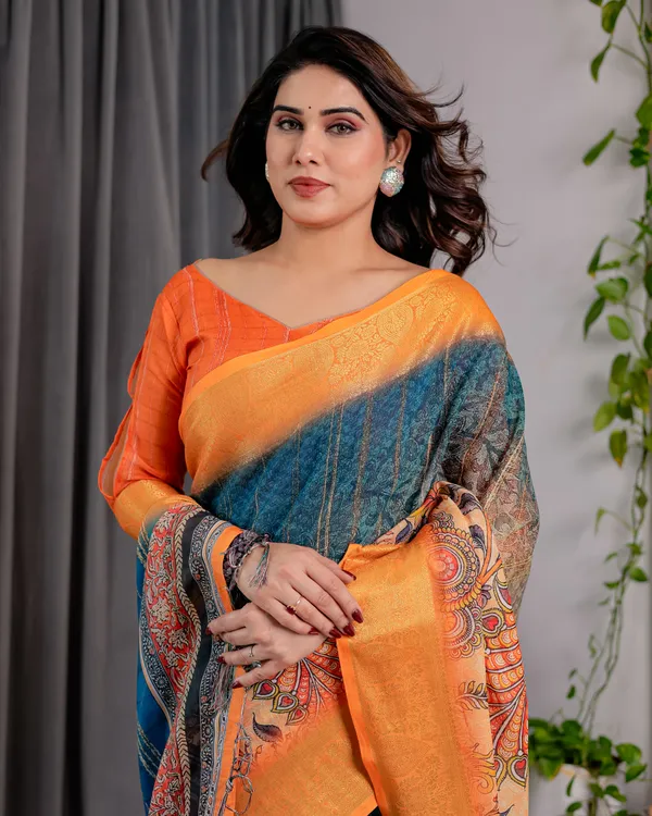 Blue_And_Orange_Printed_Saree_For_Women