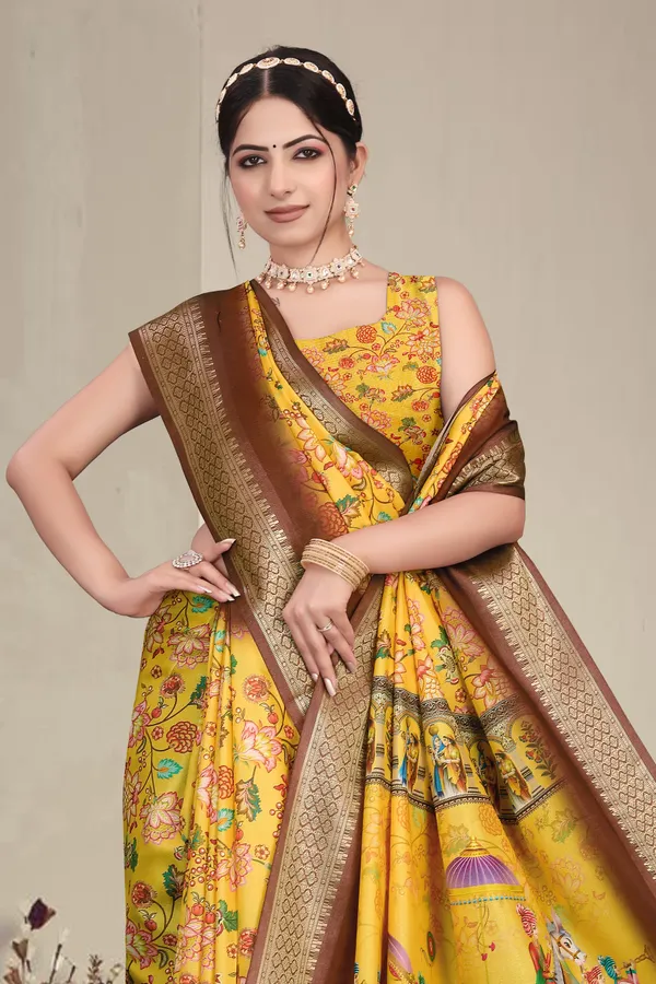 Yellow_Floral_Print_Saree_For_Women