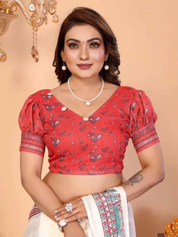 Red_Printed_Saree_Set_With_Blouse_For_Women