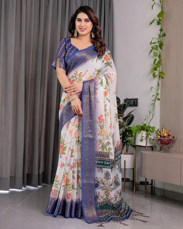 White_Floral_Print_Saree_For_Women