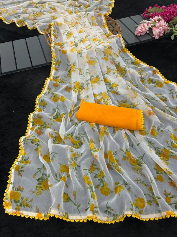 White_Chiffon_Floral_Print_Saree_For_Women