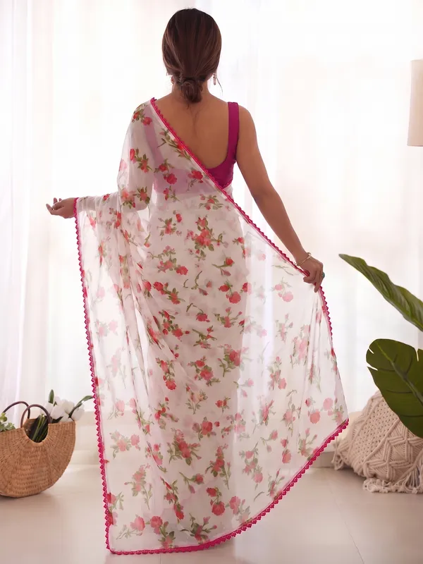 White_Chiffon_Floral_Print_Saree_For_Women