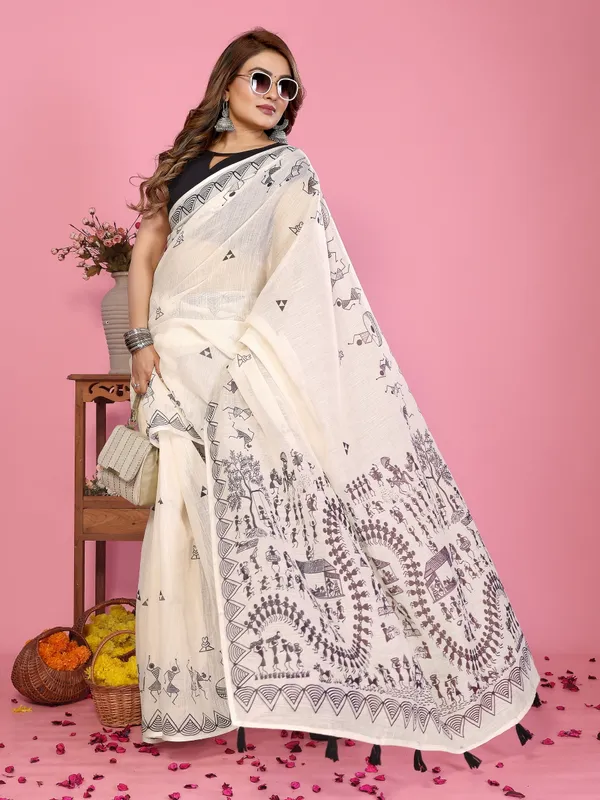 Off_White_Cotton_Warli_Print_Saree_For_Women