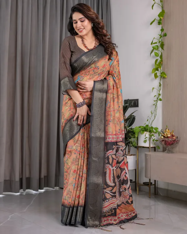 Peach_Printed_Saree_With_Blouse_For_Women
