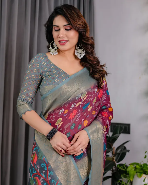 Maroon_Grey_Floral_Print_Saree_For_Women