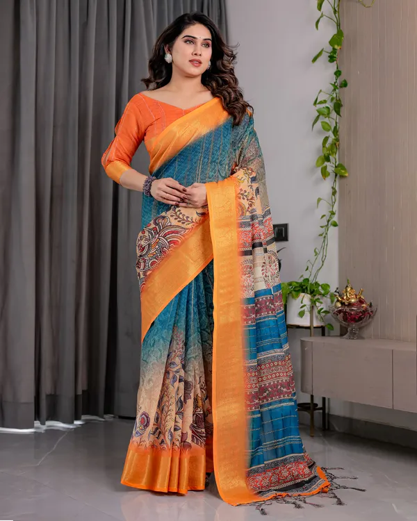Blue_And_Orange_Printed_Saree_For_Women