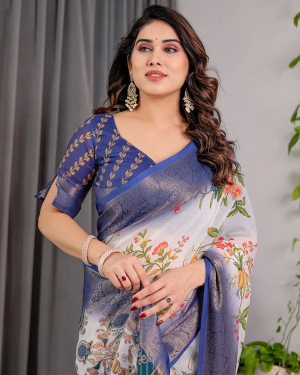 White_Floral_Print_Saree_For_Women