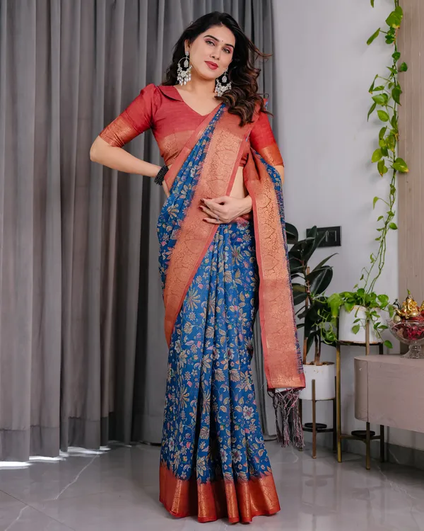 Rust_Blue_Floral_Print_Saree_For_Women