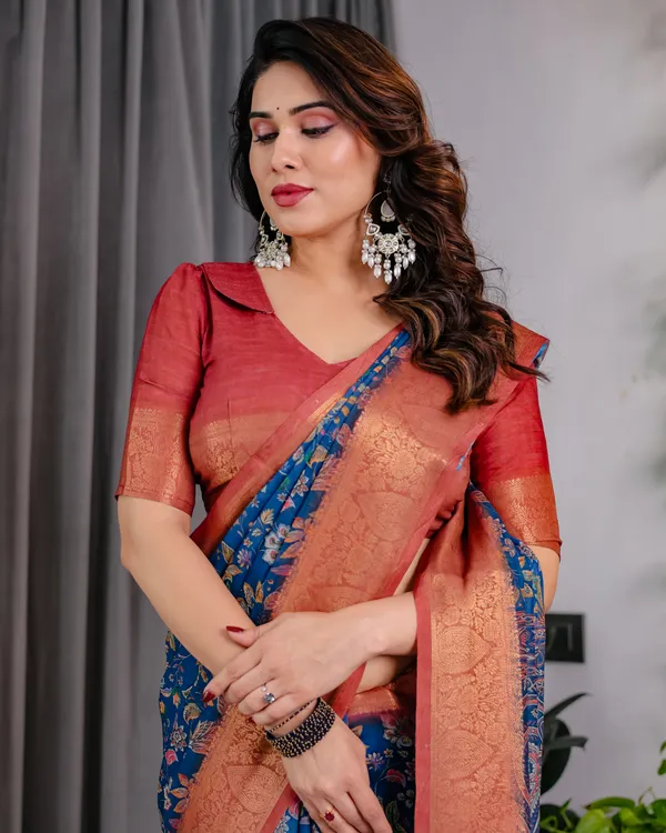 Rust_Blue_Floral_Print_Saree_For_Women