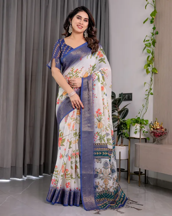White_Floral_Print_Saree_For_Women