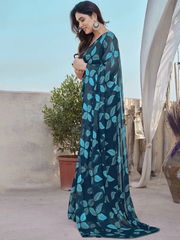 Blue_Leaf_Print_Saree_For_Women