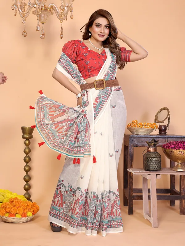 Red_Printed_Saree_Set_With_Blouse_For_Women
