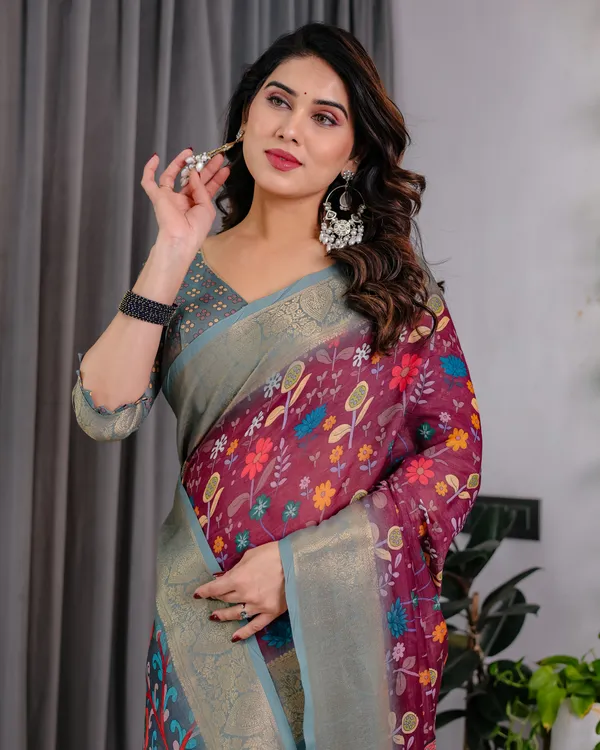 Maroon_Grey_Floral_Print_Saree_For_Women