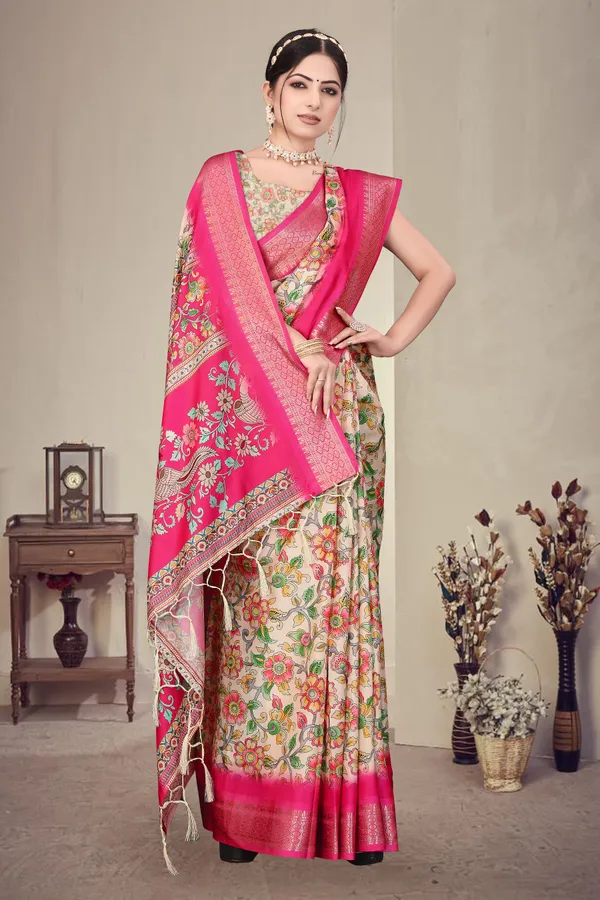 Cream_And_Pink_Floral_Print_Saree_Set_For_Women
