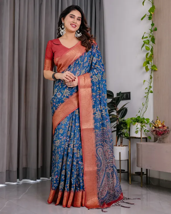 Rust_Blue_Floral_Print_Saree_For_Women