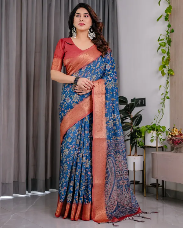 Rust_Blue_Floral_Print_Saree_For_Women