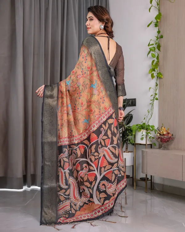 Peach_Printed_Saree_With_Blouse_For_Women