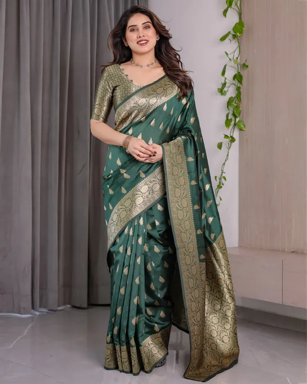 Green_Banarasi_Style_Lichi_Silk_Saree_With_Gold_Zari_Woven_Border_&_Blouse_Piece
