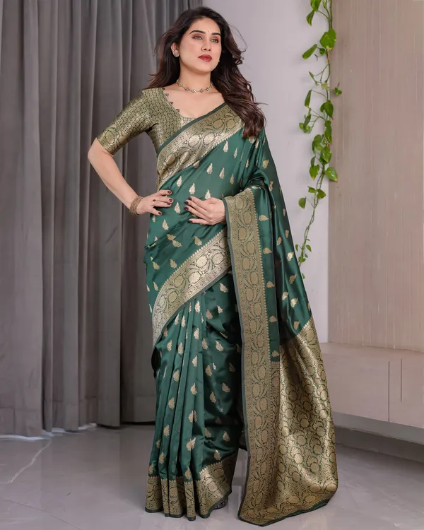 Green_Banarasi_Style_Lichi_Silk_Saree_With_Gold_Zari_Woven_Border_&_Blouse_Piece
