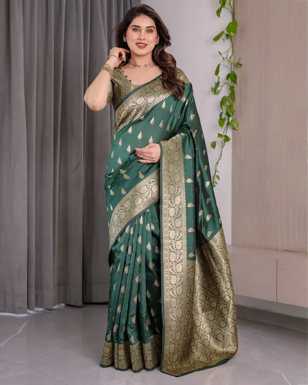 Green_Banarasi_Style_Lichi_Silk_Saree_With_Gold_Zari_Woven_Border_&_Blouse_Piece
