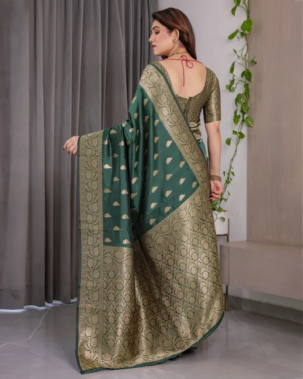Green_Banarasi_Style_Lichi_Silk_Saree_With_Gold_Zari_Woven_Border_&_Blouse_Piece
