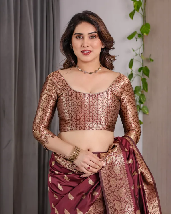 Maroon_Banarasi_Style_Lichi_Silk_Saree_With_Gold_Zari_Woven_Border_&_Blouse_Piece
