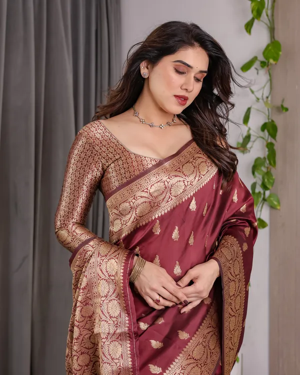 Maroon_Banarasi_Style_Lichi_Silk_Saree_With_Gold_Zari_Woven_Border_&_Blouse_Piece
