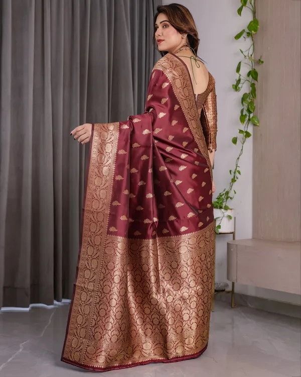 Maroon_Banarasi_Style_Lichi_Silk_Saree_With_Gold_Zari_Woven_Border_&_Blouse_Piece

